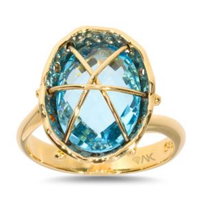 14 Karat Gold Solitaire Ring with Blue Topaz Oval Natural Stone