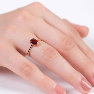 14K Gold Solitaire Ring with Oval Natural Garnet Stone