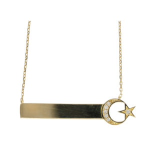 14K Gold Crescent and Star Symbol Plate Pendant Necklace