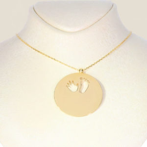 14K Gold Round Disc Necklace with Footprint Symbol