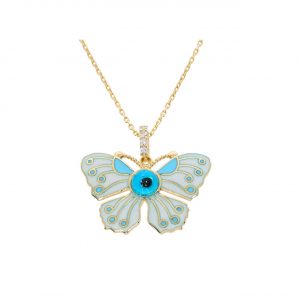 14K Gold Enamel Evil Eye and Butterfly Necklace