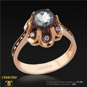 14K Gold Vintage Cemcem Flower Motif Solitaire Ring