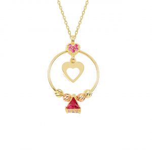 Doric Necklace with Pink Stone and Heart, 14K