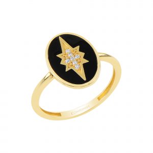 14K Gold Shine Ring with Black Enamel