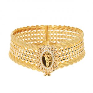 Tughra Patterned Cuff Gold Bracelet with Stones and Filigree 14 K