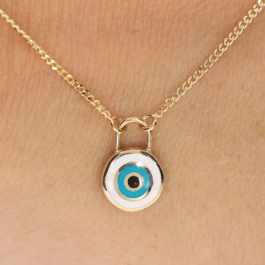 14K Gold Enamel Eye Pendant Necklace