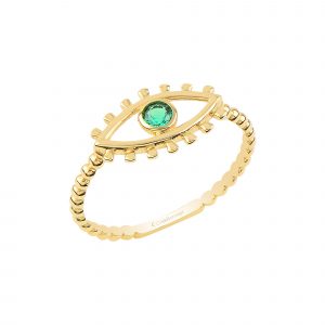 Minimal Gold Eye Ring with Green Stone