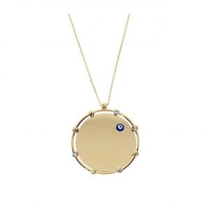 14 Karat Gold Dorica Bead Evil Eye Plaque Necklace