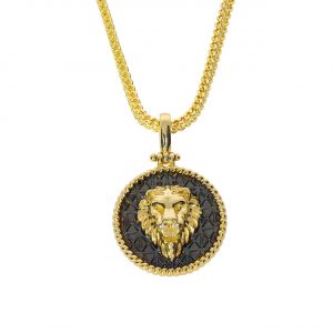 14K Gold Black Enamel Lion Medallion Necklace