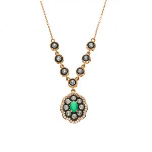 14K Gold Green Stone Necklace with Diamond Setting