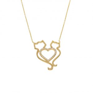 8K Gold Cat Figure Heart Necklace