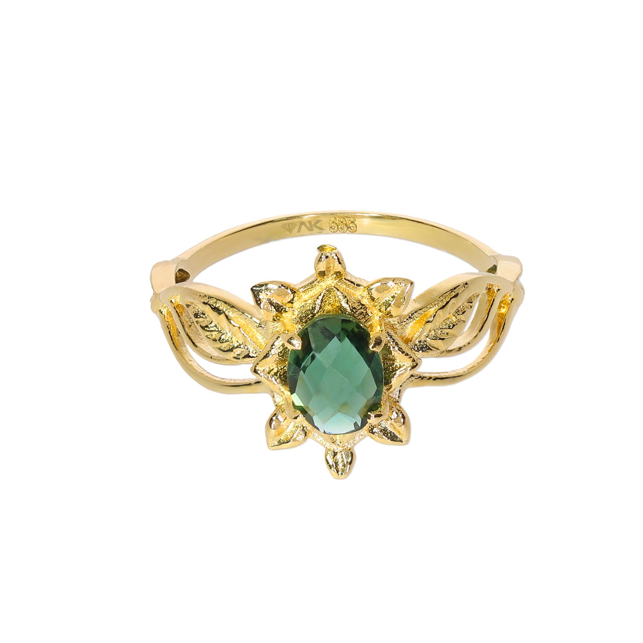 Green Tourmaline Natural Stone Gold Lotus Flower Ring 14 Karat